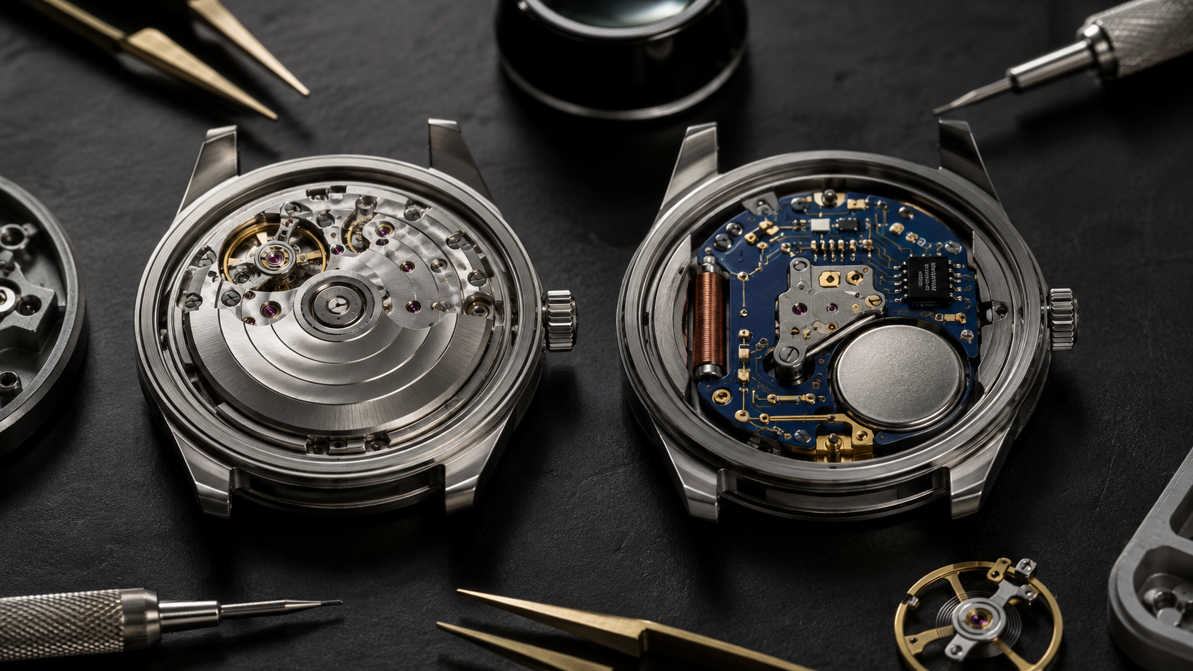 Automatic mechanical movement compared with quartz watch movement