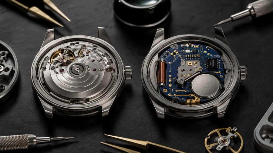 Automatic mechanical movement compared with quartz watch movement