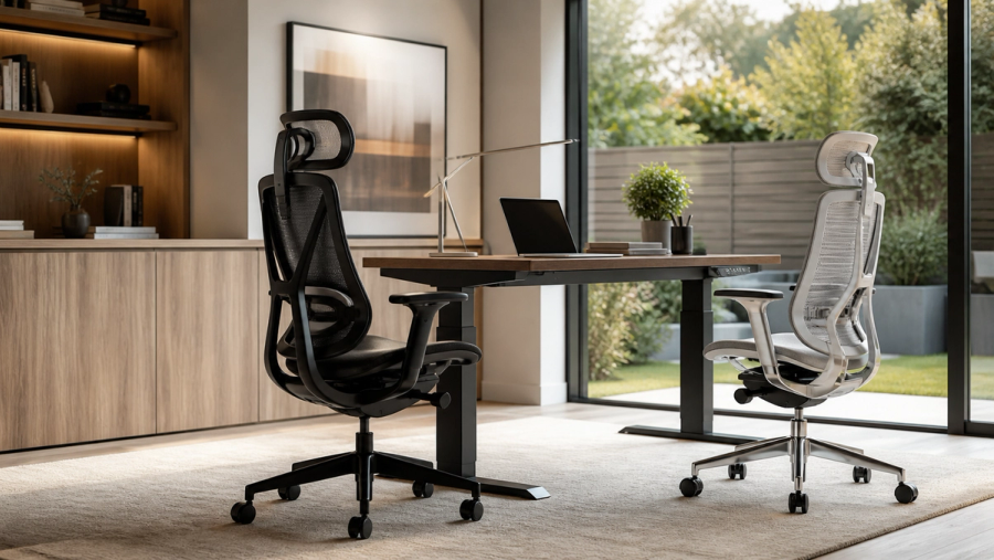 photograph of a refined executive home office with two distinct premium ergonomic task chairs shown in side profile