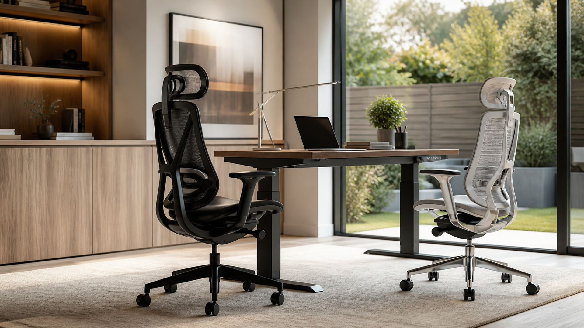 photograph of a refined executive home office with two distinct premium ergonomic task chairs shown in side profile