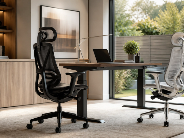 photograph of a refined executive home office with two distinct premium ergonomic task chairs shown in side profile