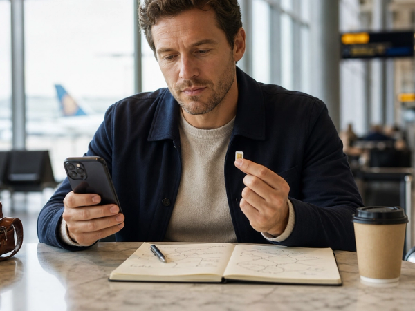 International traveller comparing an eSIM plan, local SIM card and home-carrier roaming on a phone