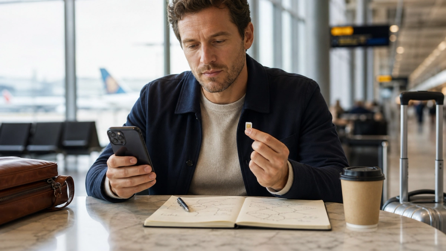 International traveller comparing an eSIM plan, local SIM card and home-carrier roaming on a phone
