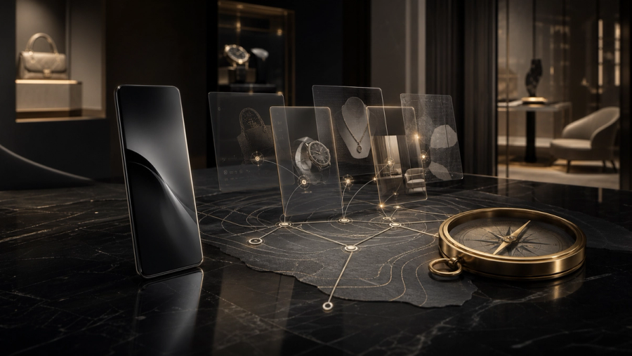 Editorial concept image of a luxury purchase research workspace with layered glass cards