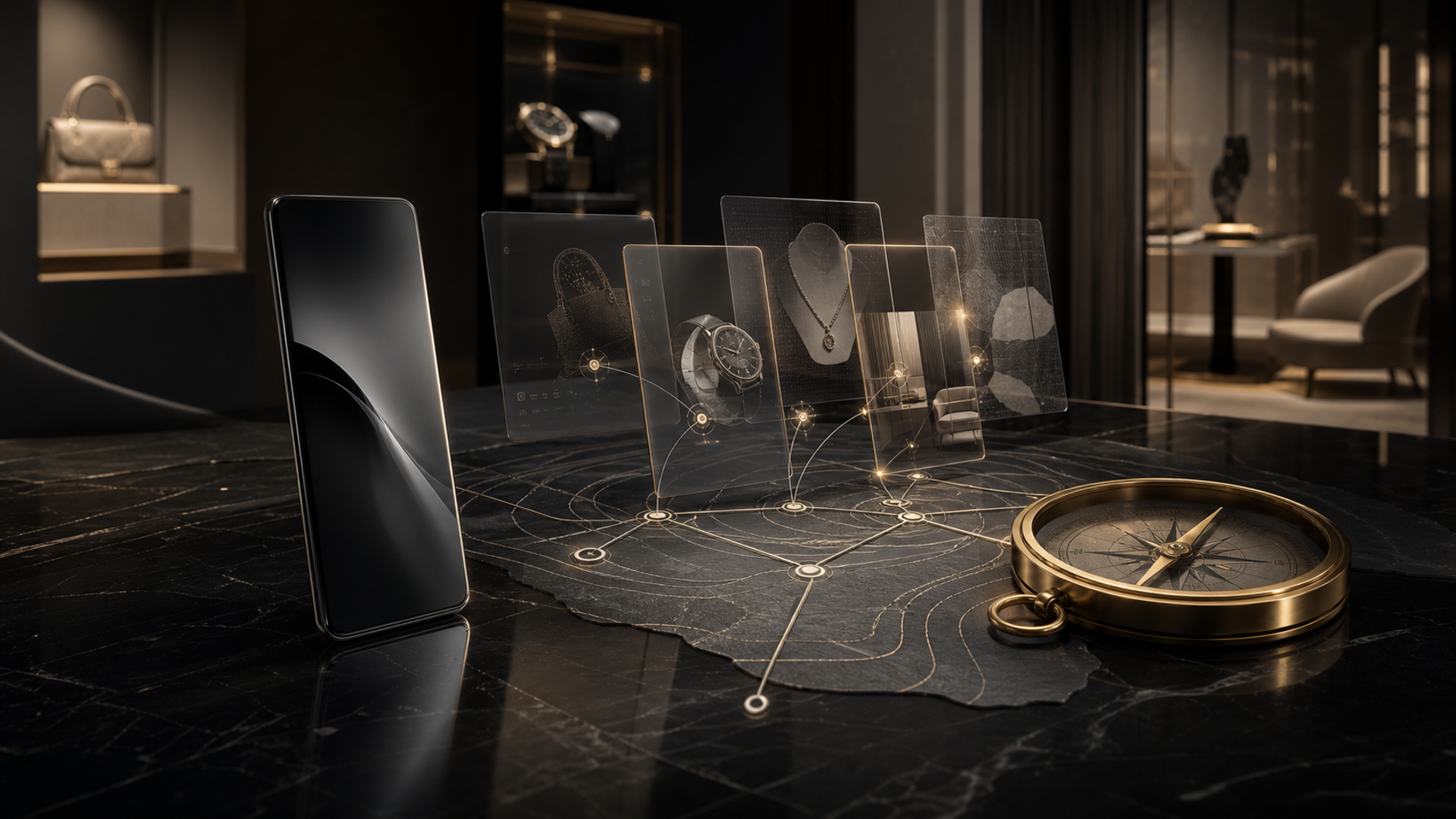 Editorial concept image of a luxury purchase research workspace with layered glass cards