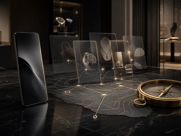 Editorial concept image of a luxury purchase research workspace with layered glass cards