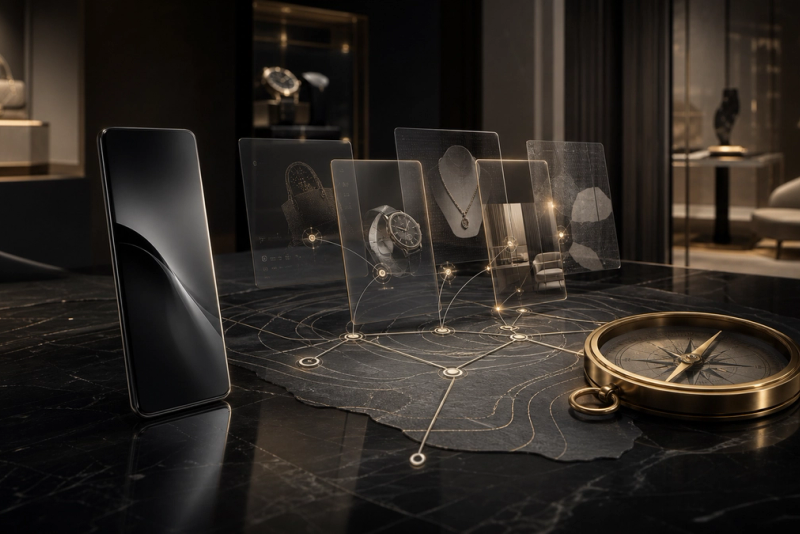 Editorial concept image of a luxury purchase research workspace with layered glass cards