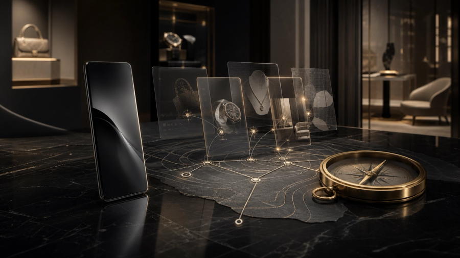 Editorial concept image of a luxury purchase research workspace with layered glass cards