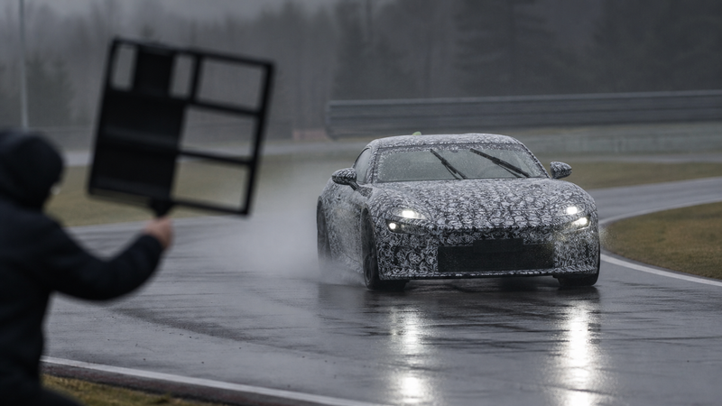 Camouflaged grand-touring development mule testing on a wet proving ground