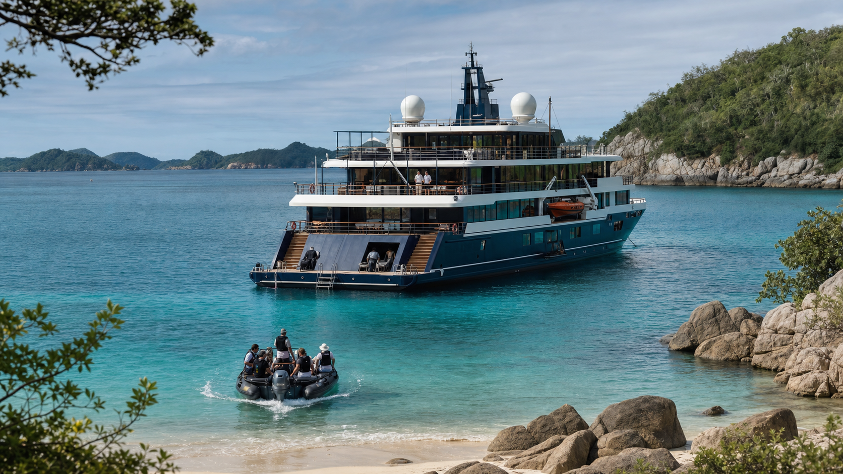 Intimate luxury ship in a remote bay with tender, suite balcony and expedition deck