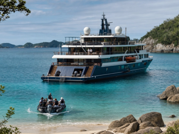 Intimate luxury ship in a remote bay with tender, suite balcony and expedition deck