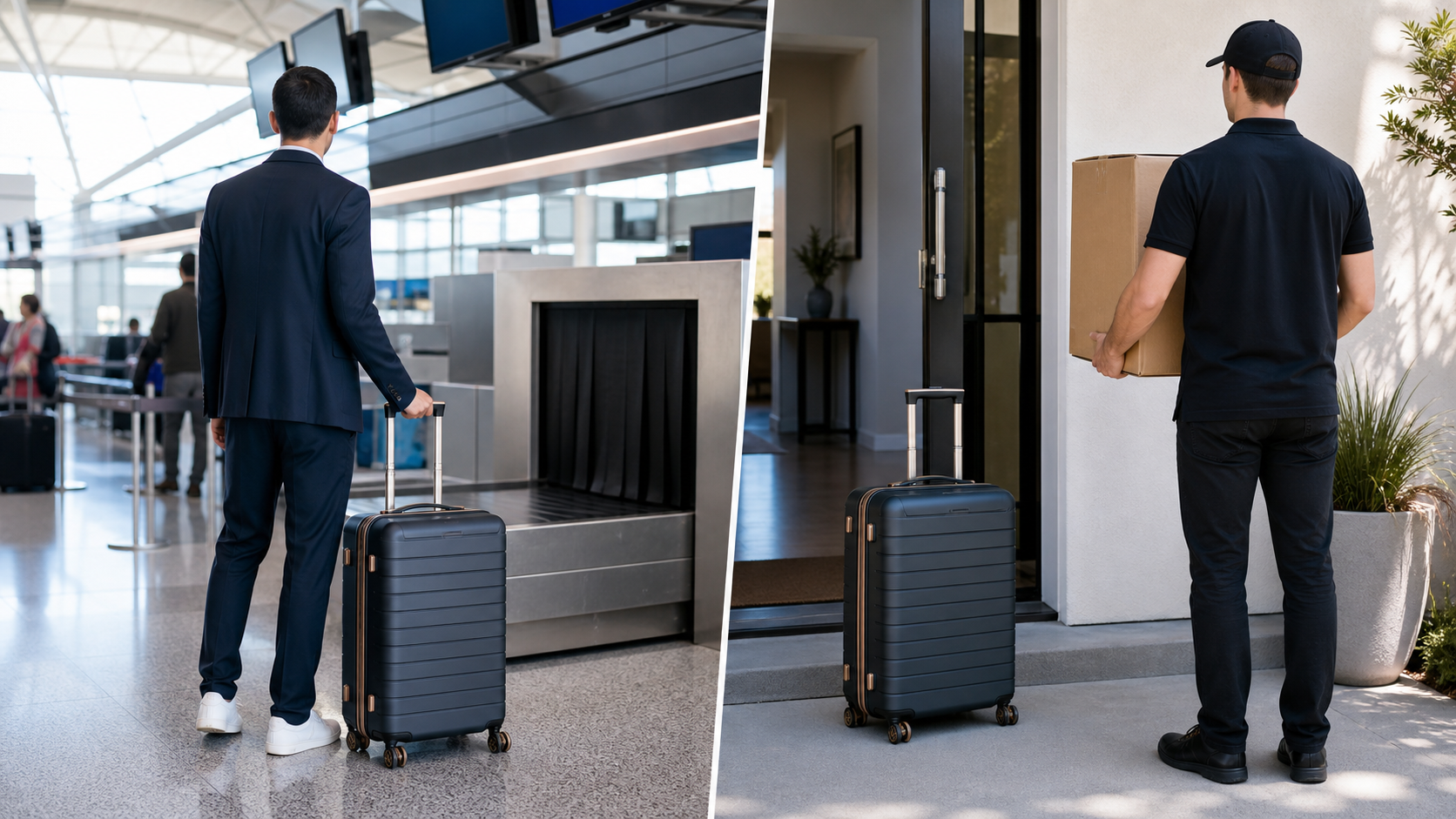 Two suitcases taking different paths through airline baggage and door-to-door shipping