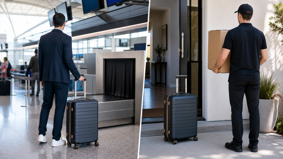 Two suitcases taking different paths through airline baggage and door-to-door shipping