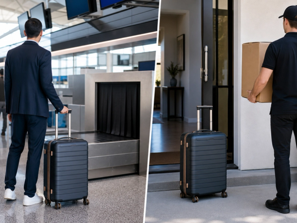 Two suitcases taking different paths through airline baggage and door-to-door shipping
