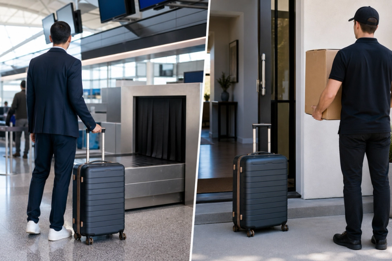 Two suitcases taking different paths through airline baggage and door-to-door shipping