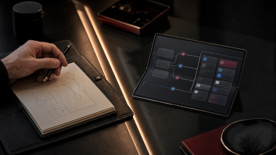 Executive reviewing personal AI delegation and judgement controls on a private mobile interface