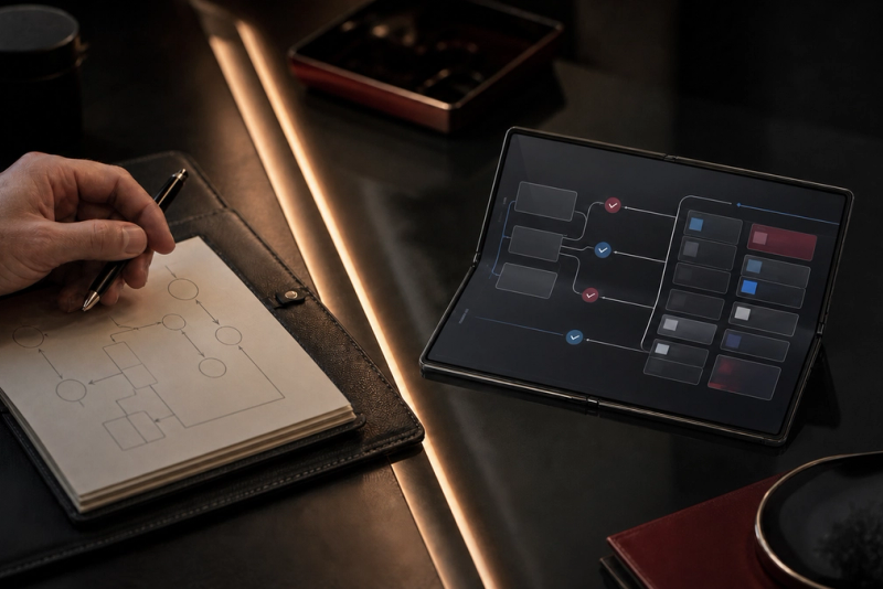 Executive reviewing personal AI delegation and judgement controls on a private mobile interface