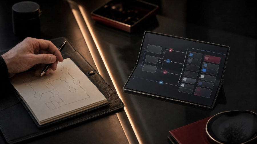 Executive reviewing personal AI delegation and judgement controls on a private mobile interface