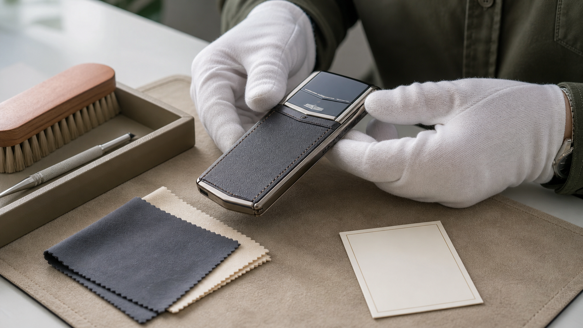 Collector gently caring for a leather and precious-metal luxury phone on a clean material-safe work surface