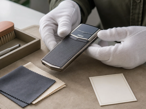 Collector gently caring for a leather and precious-metal luxury phone on a clean material-safe work surface