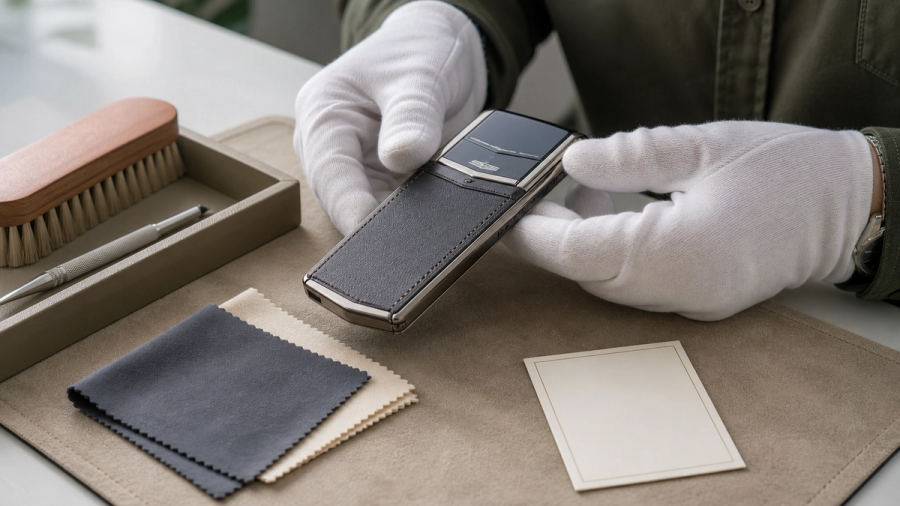 Collector gently caring for a leather and precious-metal luxury phone on a clean material-safe work surface
