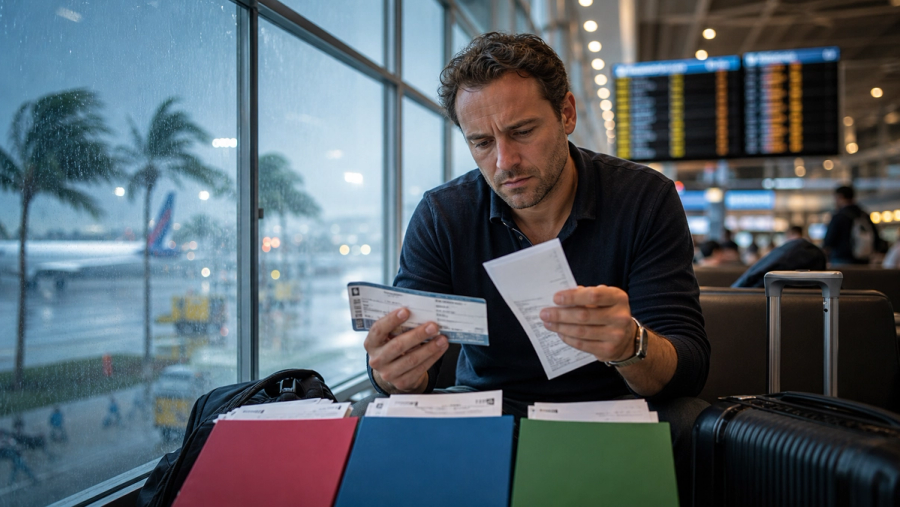 A traveller at an airport departures board comparing US UK and EU disruption documents as a tropical storm approaches