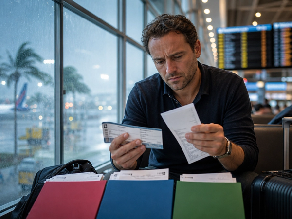 A traveller at an airport departures board comparing US UK and EU disruption documents as a tropical storm approaches