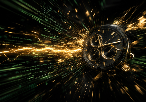 Luxury chronograph dial with gold lightning streak through terminal code — Hermes CLI 63% startup speed