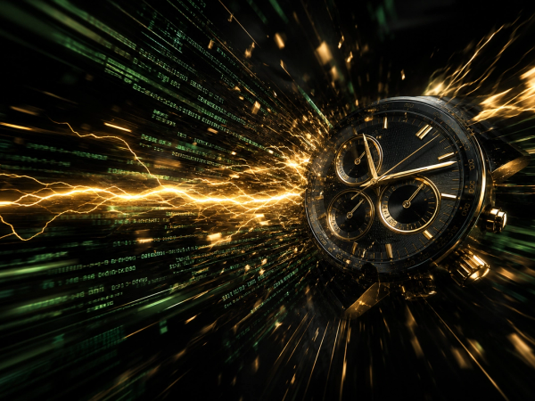 Luxury chronograph dial with gold lightning streak through terminal code — Hermes CLI 63% startup speed
