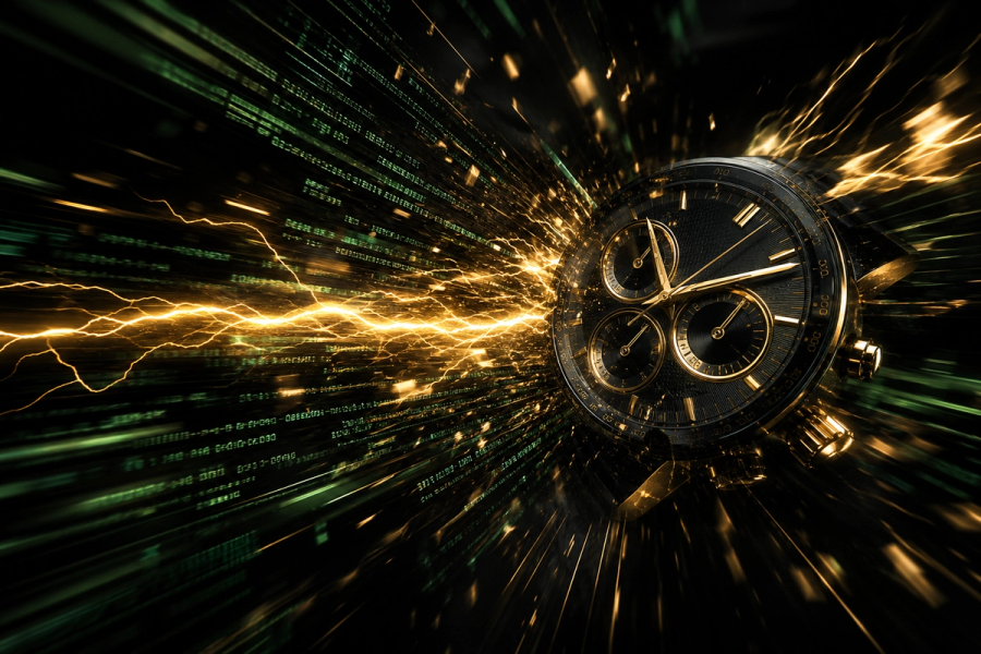 Luxury chronograph dial with gold lightning streak through terminal code — Hermes CLI 63% startup speed