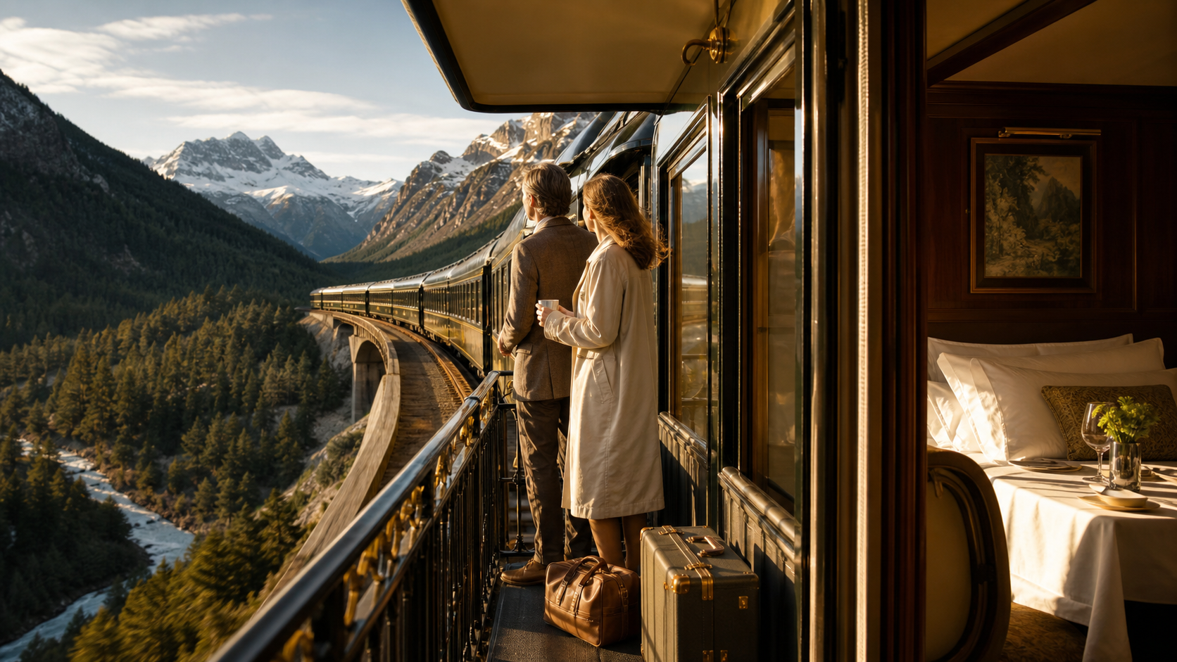 Luxury sleeper train journey with cabin, dining and panoramic mountain scenery