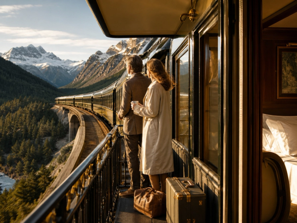 Luxury sleeper train journey with cabin, dining and panoramic mountain scenery