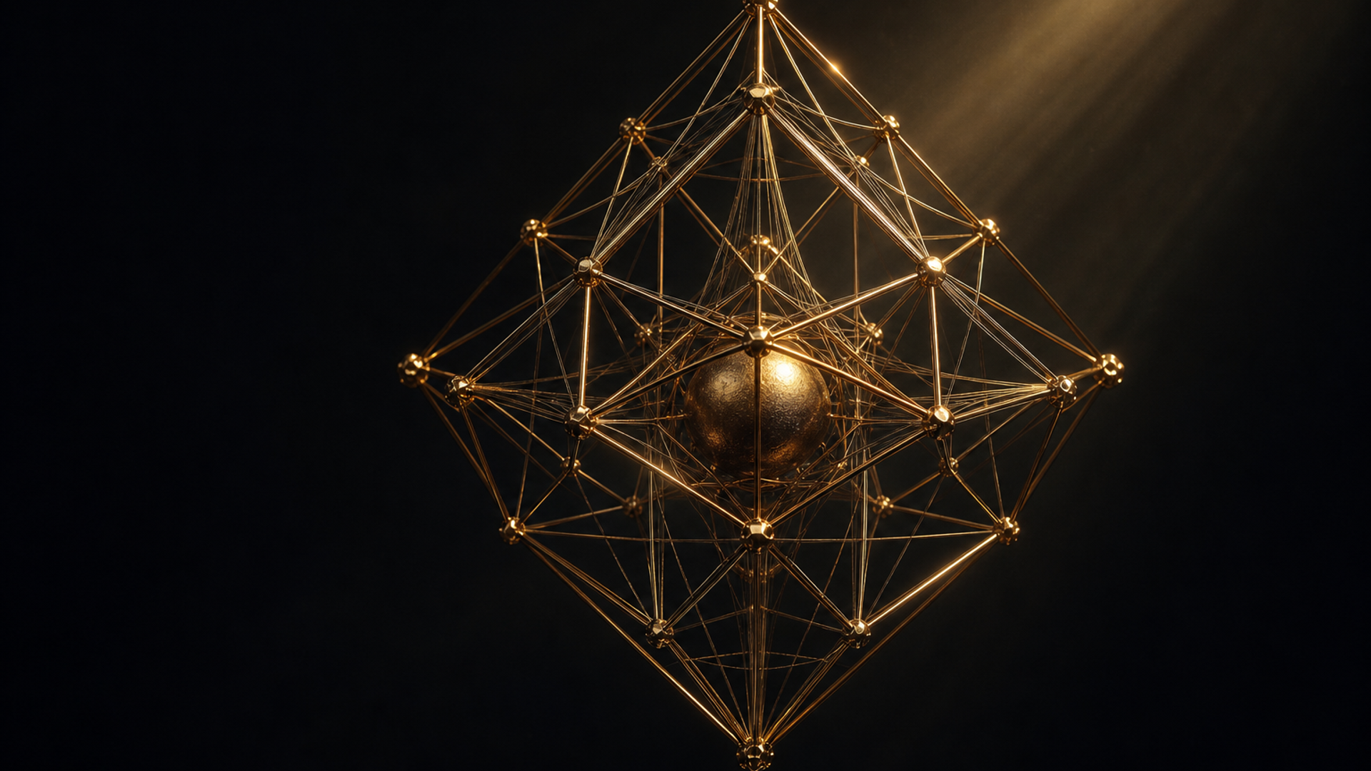 Abstract gold-filament harness structure suspended in dark space, enclosing a glowing core orb — visual metaphor for engineering trust around an AI system.