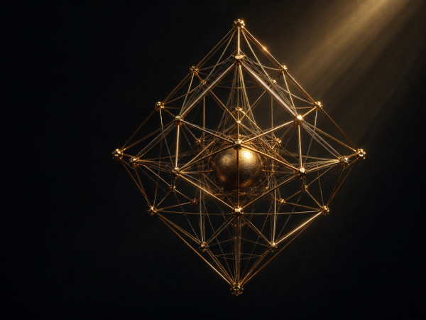 Abstract gold-filament harness structure suspended in dark space, enclosing a glowing core orb — visual metaphor for engineering trust around an AI system.
