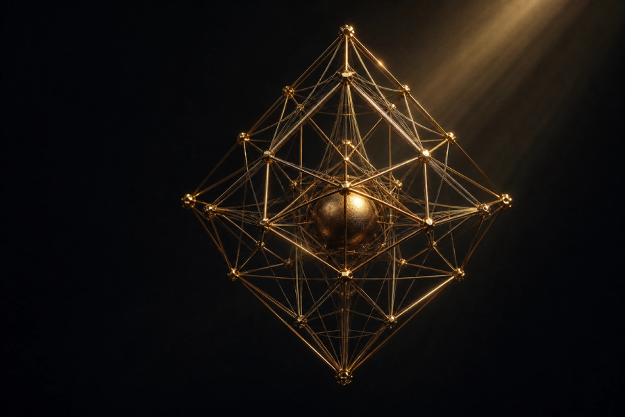Abstract gold-filament harness structure suspended in dark space, enclosing a glowing core orb — visual metaphor for engineering trust around an AI system.