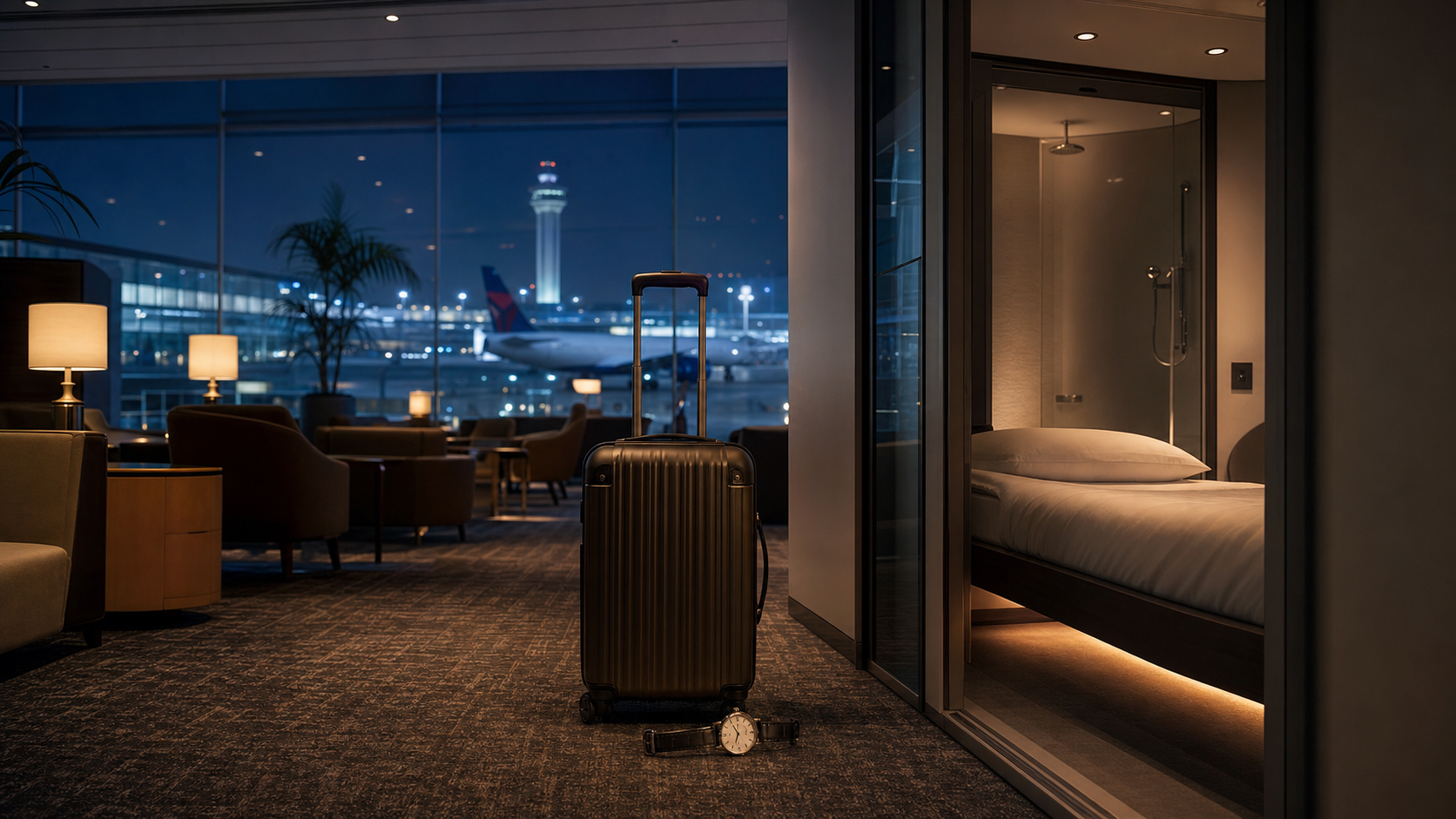 An airport lounge and private sleep room compared during an overnight layover