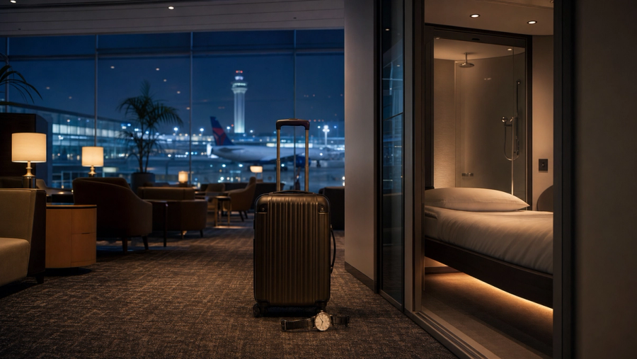 An airport lounge and private sleep room compared during an overnight layover