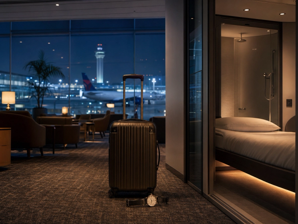 An airport lounge and private sleep room compared during an overnight layover
