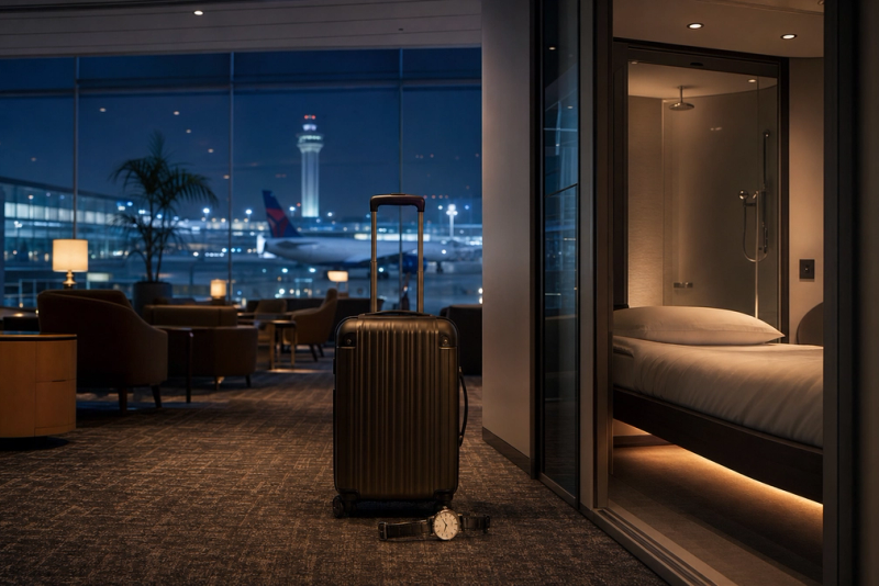 An airport lounge and private sleep room compared during an overnight layover