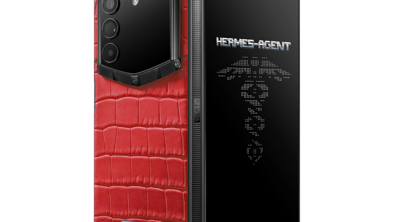 A detailed view of the hinge and alligator skin texture on a VERTU AlphaFold device.