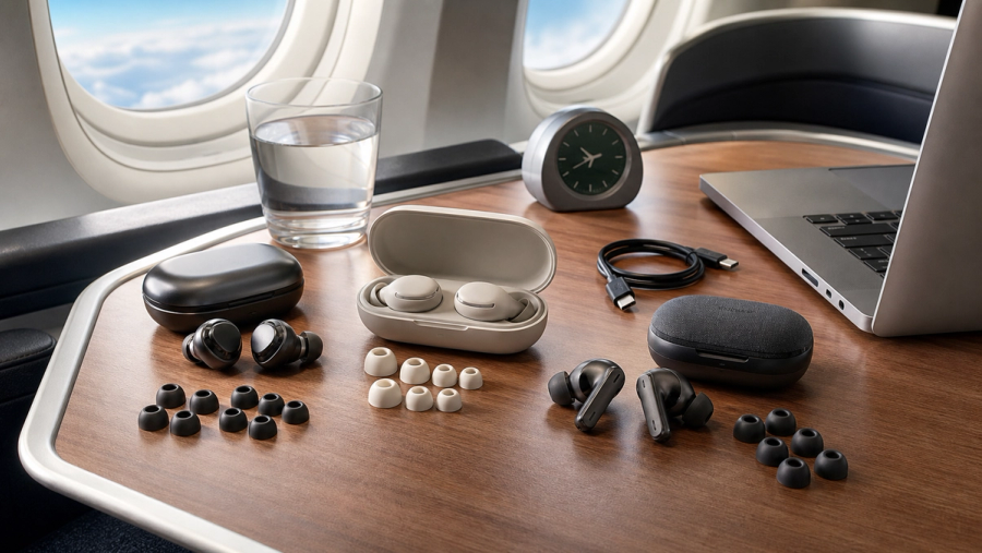 Three premium noise-cancelling earbuds compared on an aircraft tray for business travel