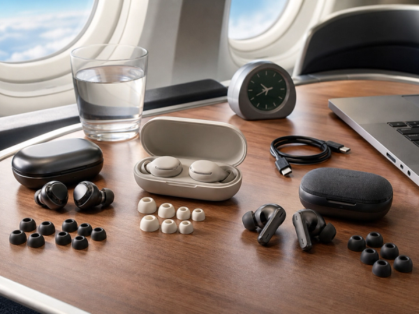 Three premium noise-cancelling earbuds compared on an aircraft tray for business travel