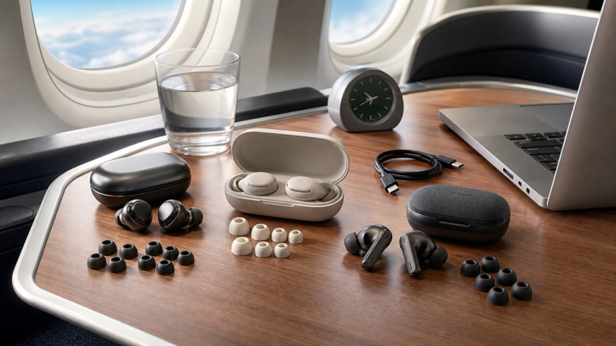 Three premium noise-cancelling earbuds compared on an aircraft tray for business travel