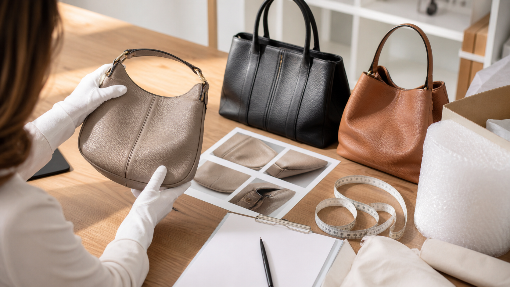 Designer handbags being documented for condition, valuation and insured resale shipping
