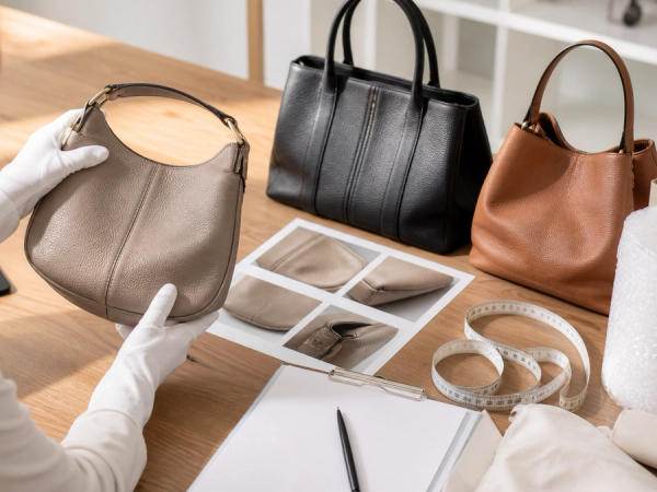 Designer handbags being documented for condition, valuation and insured resale shipping