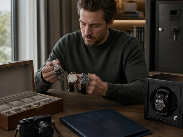 Automatic watches divided between a watch winder, lined box and anchored home safe