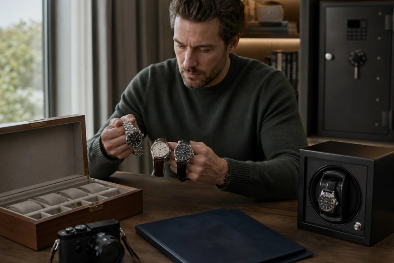 Automatic watches divided between a watch winder, lined box and anchored home safe