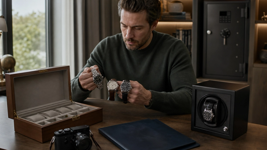 Automatic watches divided between a watch winder, lined box and anchored home safe