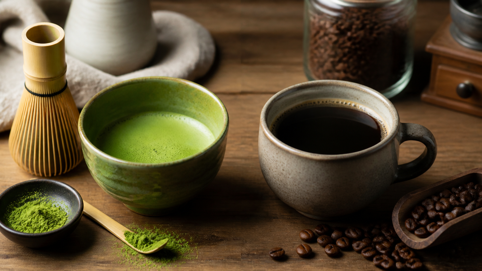Matcha vs Coffee shown in a practical side-by-side comparison