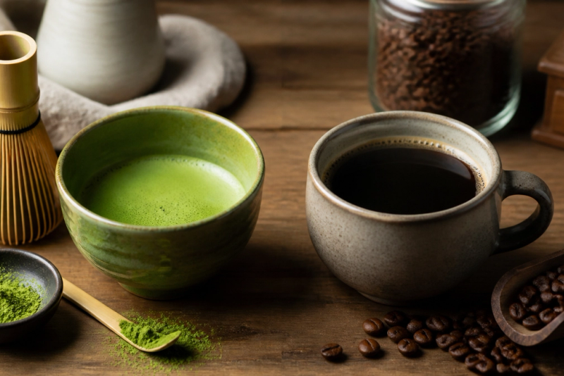 Matcha vs Coffee shown in a practical side-by-side comparison